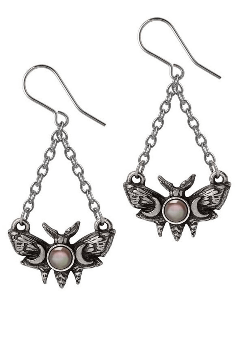Gothic Lunar Moth drop earrings with pearl detail, perfect for witchy aesthetic looks and moon lovers.