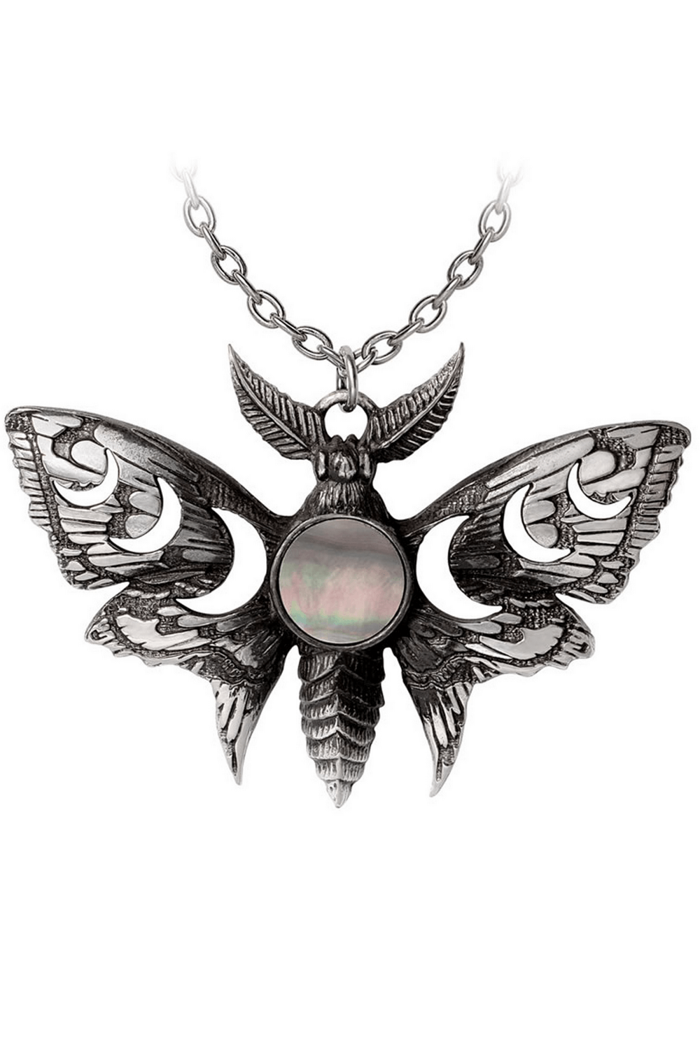 Lunar Moth necklace featuring moon phase design and iridescent Mother of Pearl inlay, handcrafted accessory.