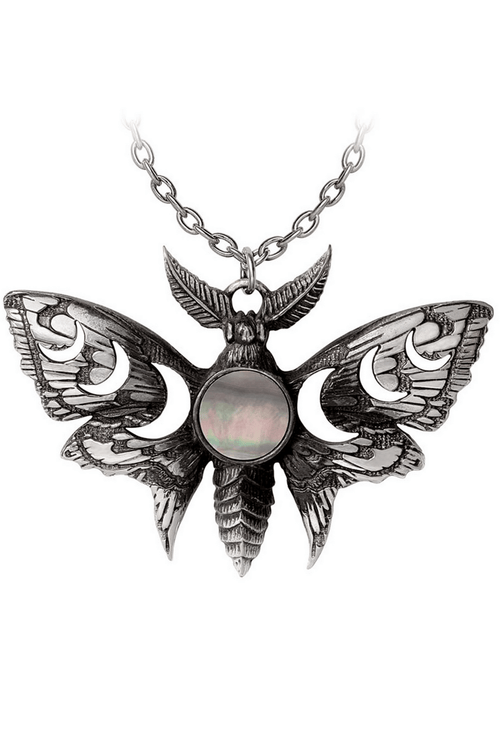 Lunar Moth Necklace with Moon Phase and Mother of Pearl