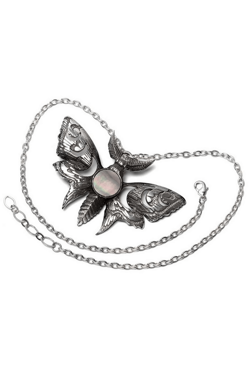 Lunar Moth necklace featuring moon phase cut-outs and iridescent Mother of Pearl inlay, perfect for night lovers.