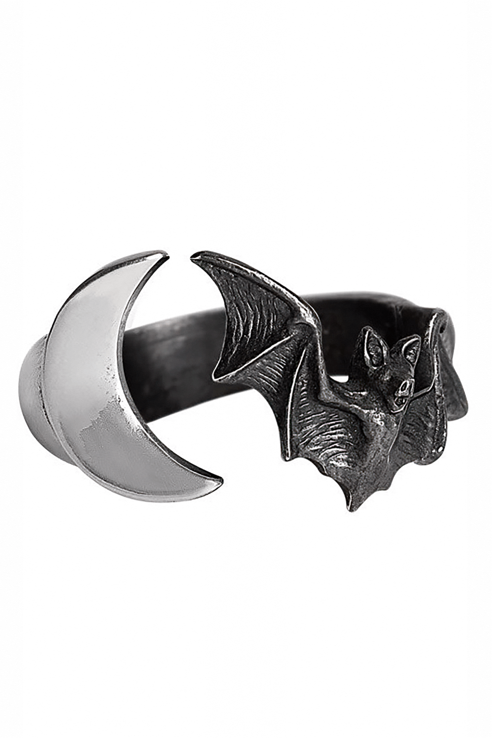 Handcrafted Lunatious Ring featuring a crescent moon and bat design, perfect for gothic and fantasy lovers.