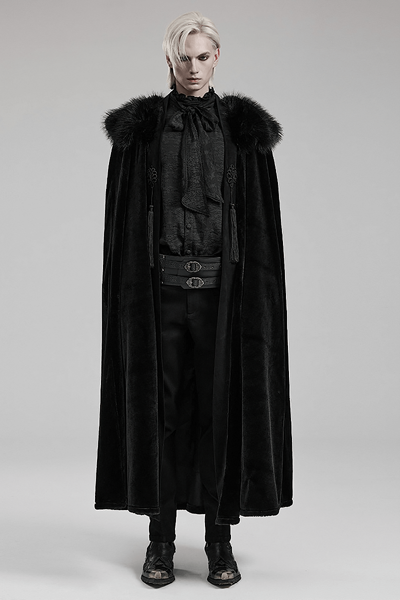 Gothic velvet cloak with fur collar and tassels on a model, showcasing elegant gothic style and luxurious warmth.