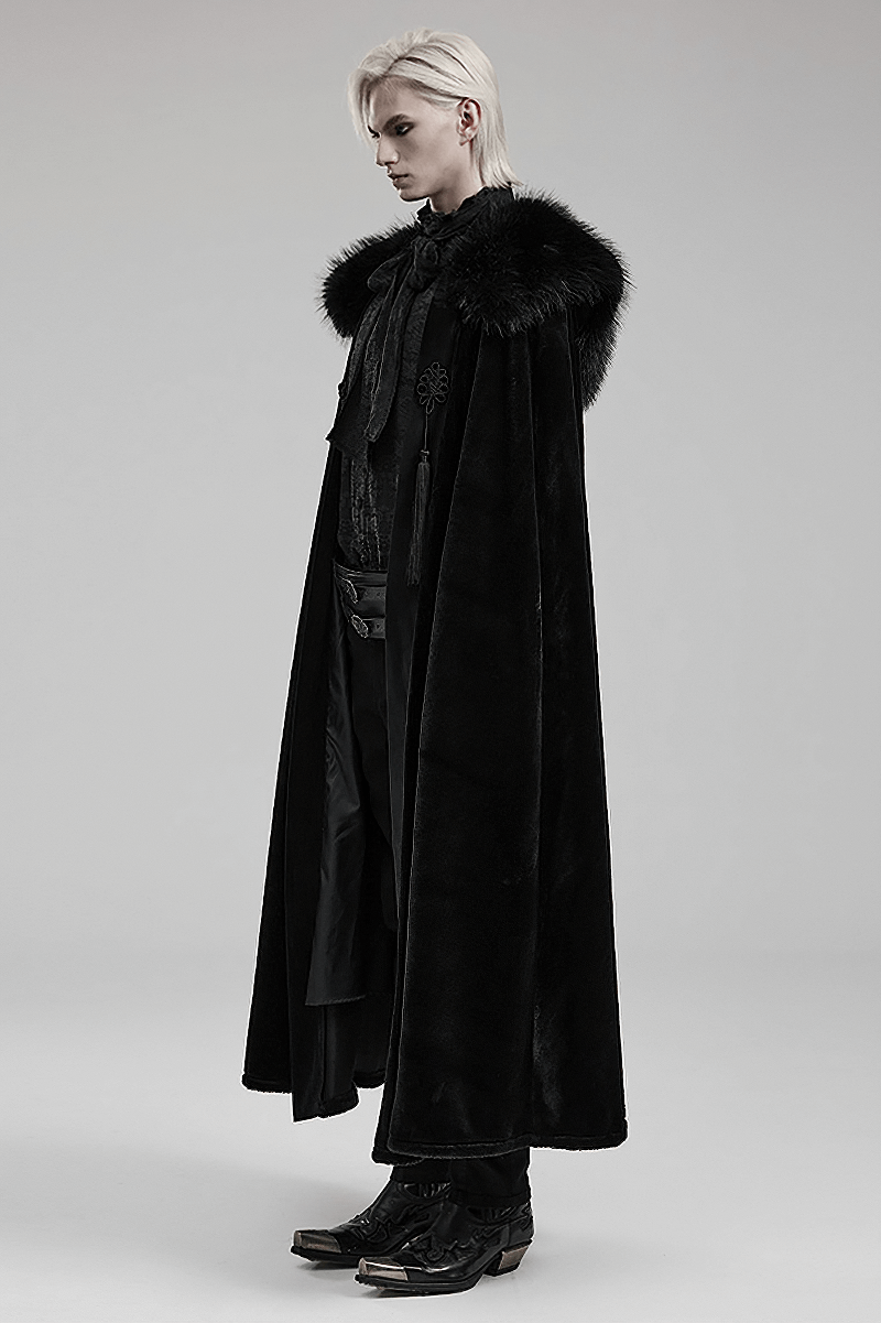 Stylish model in a Lux Velvet Gothic Cloak with fur collar, showcasing gothic elegance and plush fabric.
