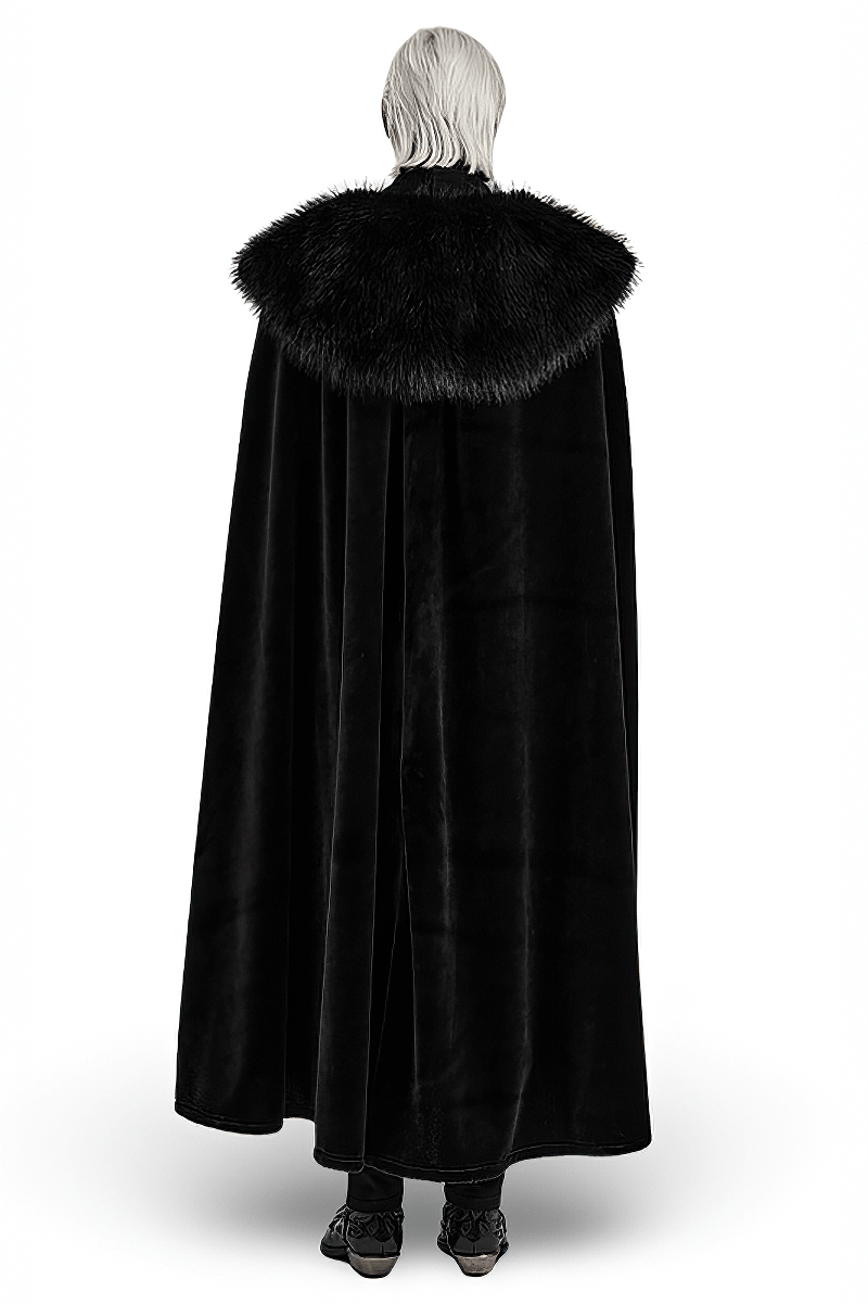 Men's lux velvet gothic cloak with detachable fur collar, showcasing elegant black fabric from the back.