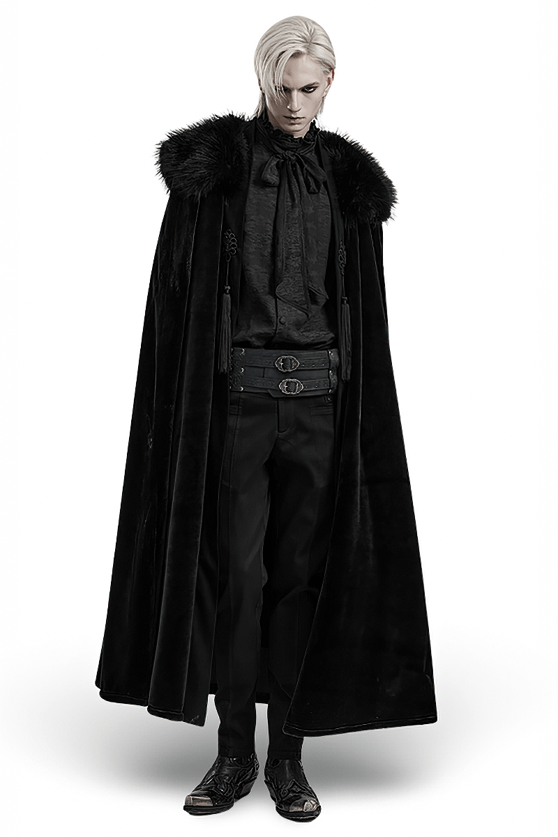 Handsome man in Lux Velvet Gothic Cloak with fur collar and tassels, showcasing gothic elegance and style.