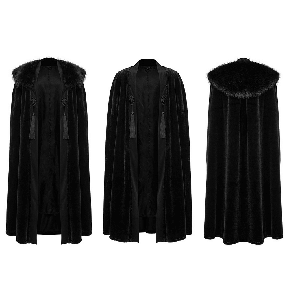 Lux Velvet Gothic Cloak featuring a fur collar and tassels, showcased from three angles, perfect for elegance and warmth.