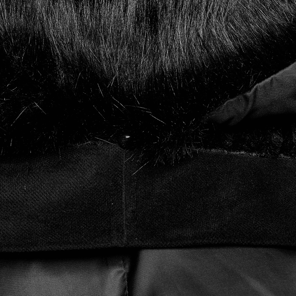 Close-up of the luxurious fur collar on the Lux Velvet Gothic Cloak, showcasing soft black fur and plush fabric details.