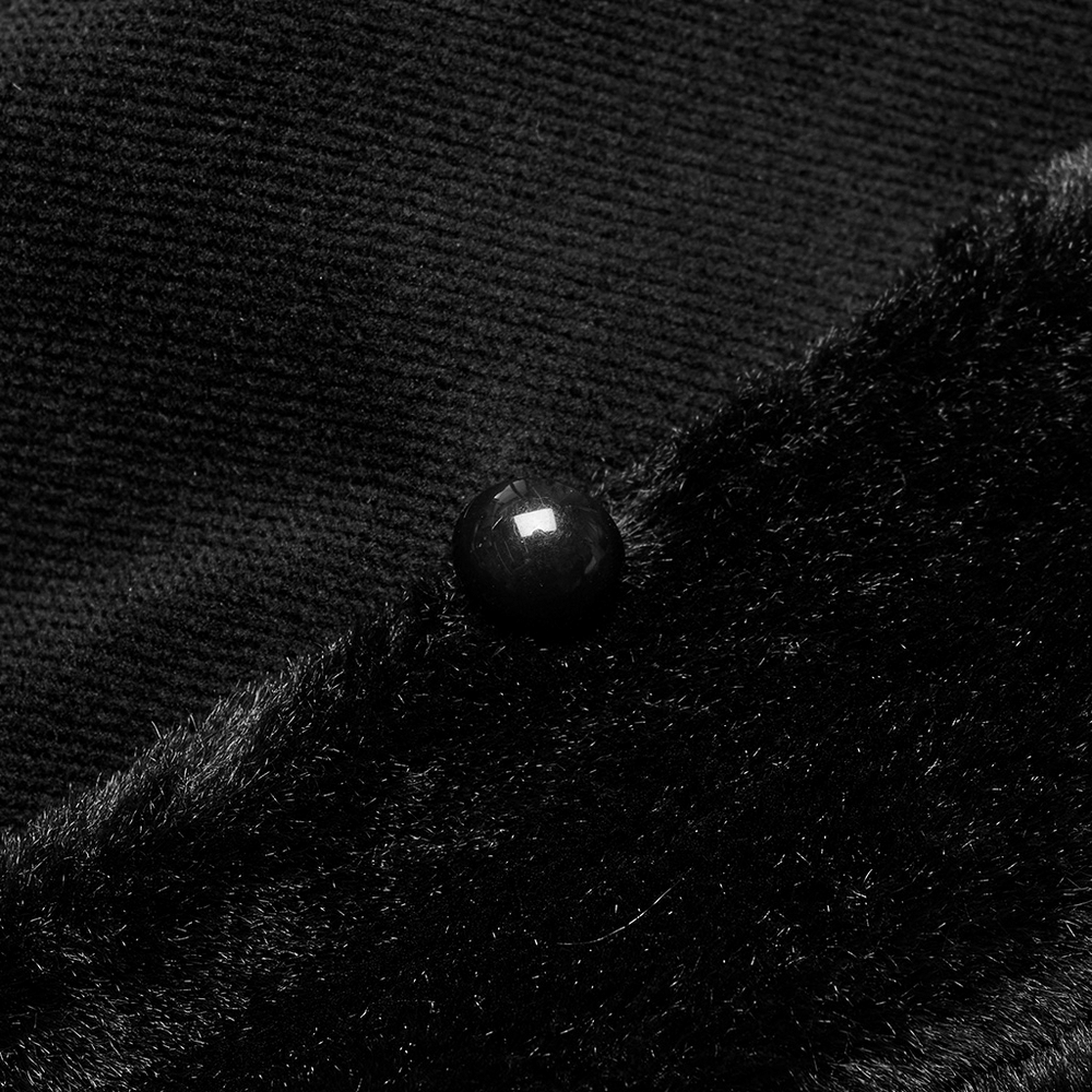 Close-up of Lux Velvet Gothic Cloak fur collar with black button detailing, showcasing luxurious texture and elegance.