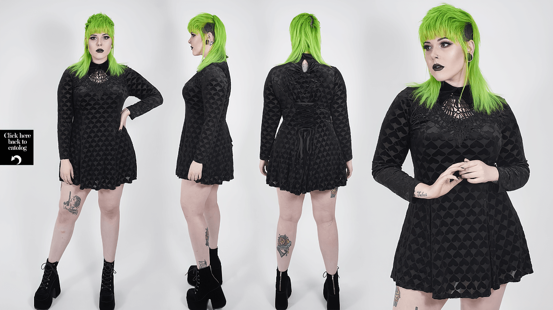 Gothic Velvet dress with hollow-out design, showcased by model with vibrant green hair, perfect for darkly romantic vibes.