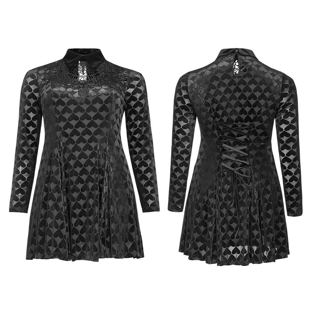 Luxurious black velvet Gothic dress featuring heart patterns and hollow-out design for a touch of elegance.