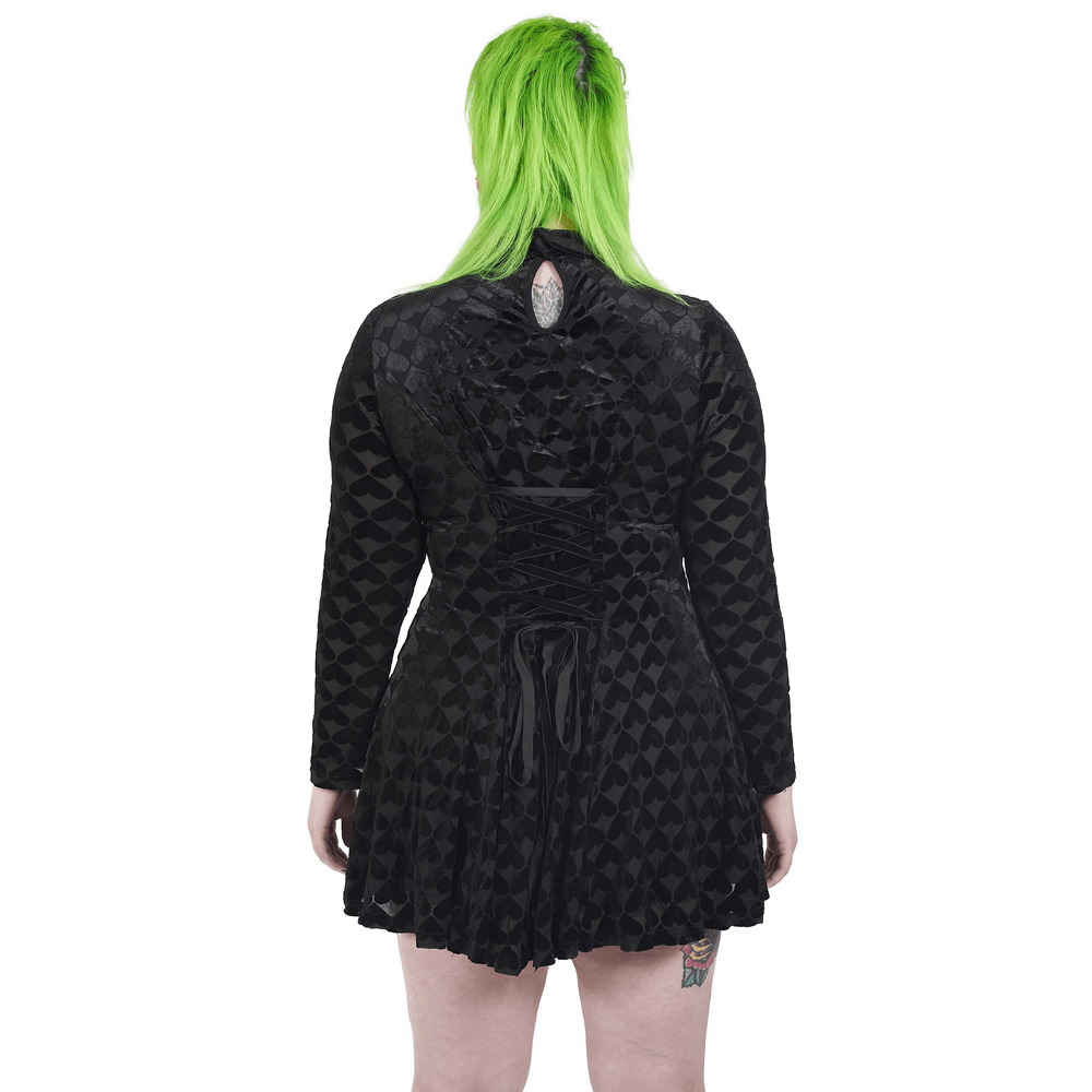 Back view of a Lux Velvet Gothic Dress with intricate hollow-out design and lace-up detailing.