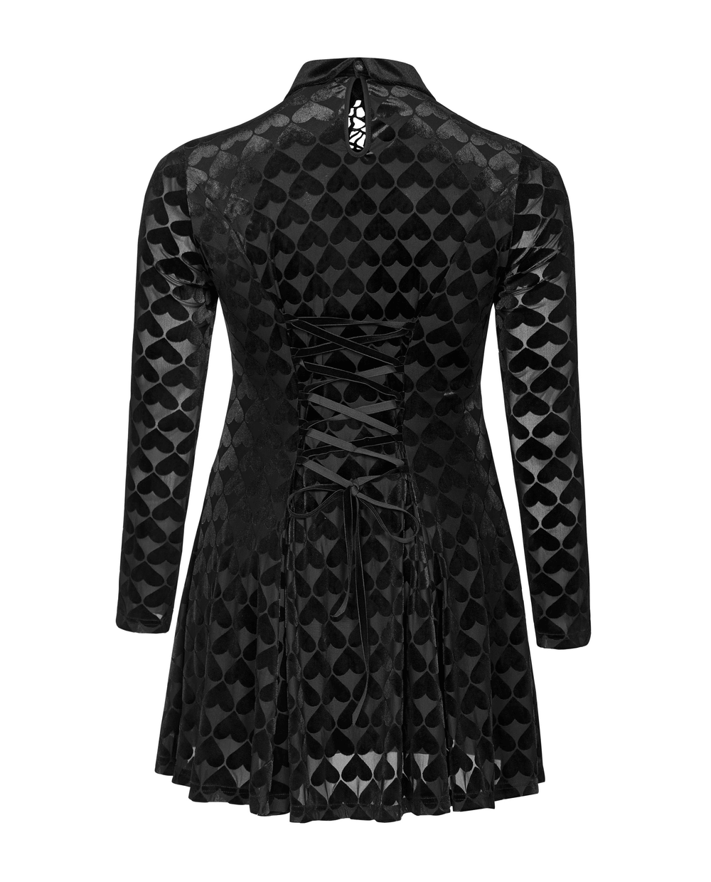 Back view of a black velvet dress with heart patterns and lace-up details, showcasing a gothic style.