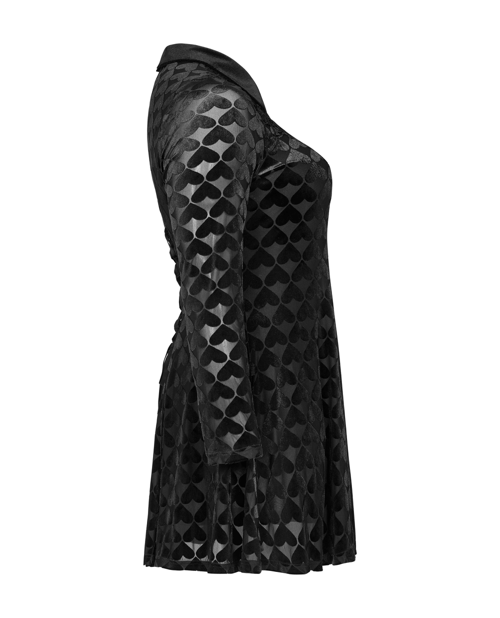 Side view of Lux Velvet Gothic Dress featuring heart pattern and elegant A-line silhouette.