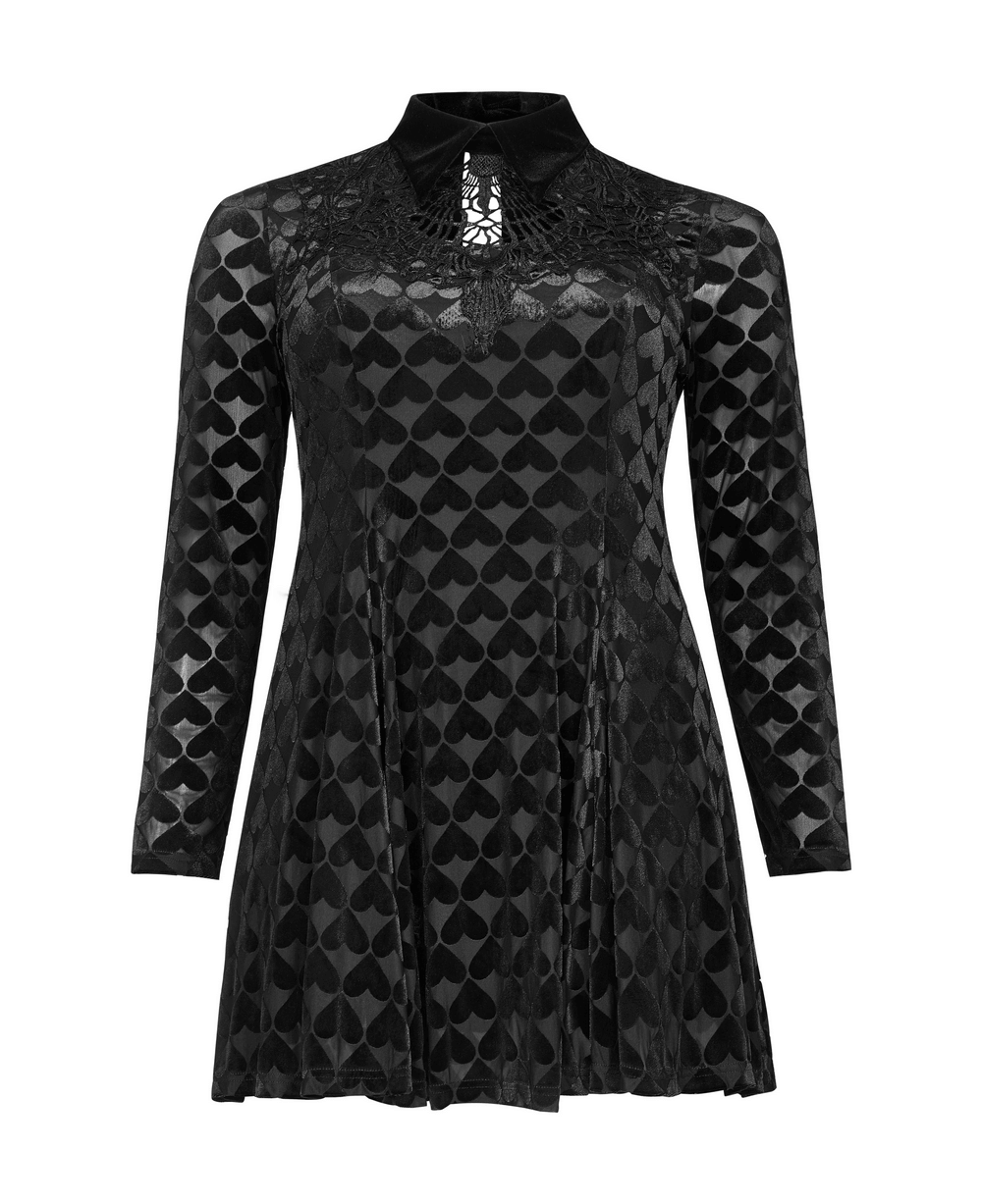 Lux velvet Gothic dress with heart pattern and hollow-out detail, perfect for darkly romantic occasions.