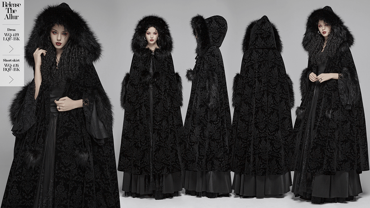Lux Velvet Hooded Gothic Cloak for ladies, showcasing elegant design and dramatic drape in a full-length style.