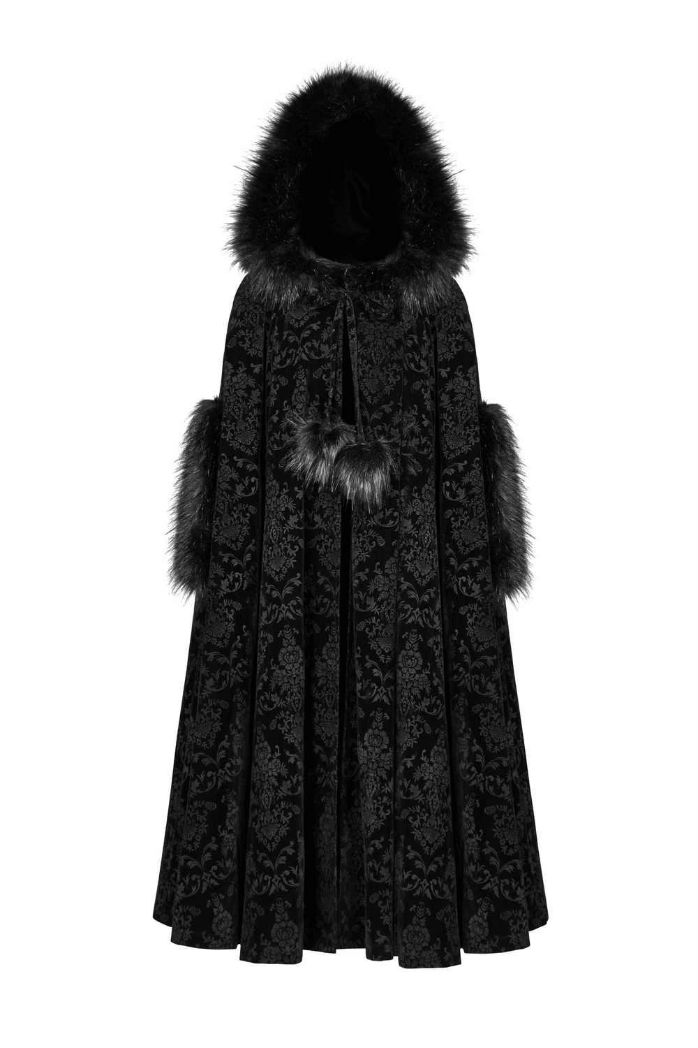 Lux Velvet Hooded Gothic Cloak in black with dramatic hood and fuzzy ball bandage, perfect for nocturnal elegance.