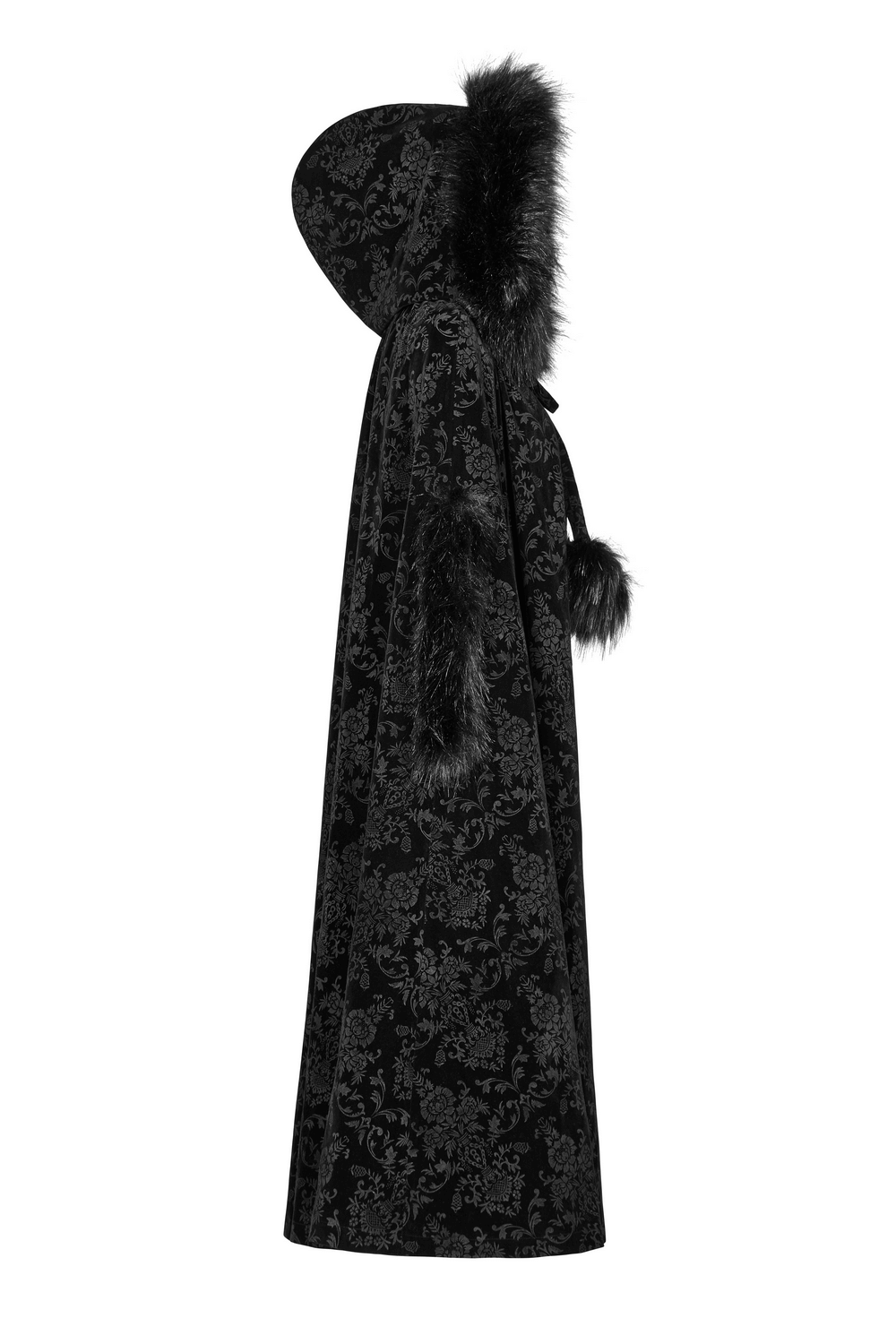 Lux Velvet Hooded Gothic Cloak for ladies, featuring a dramatic design and elegant fuzzy details.