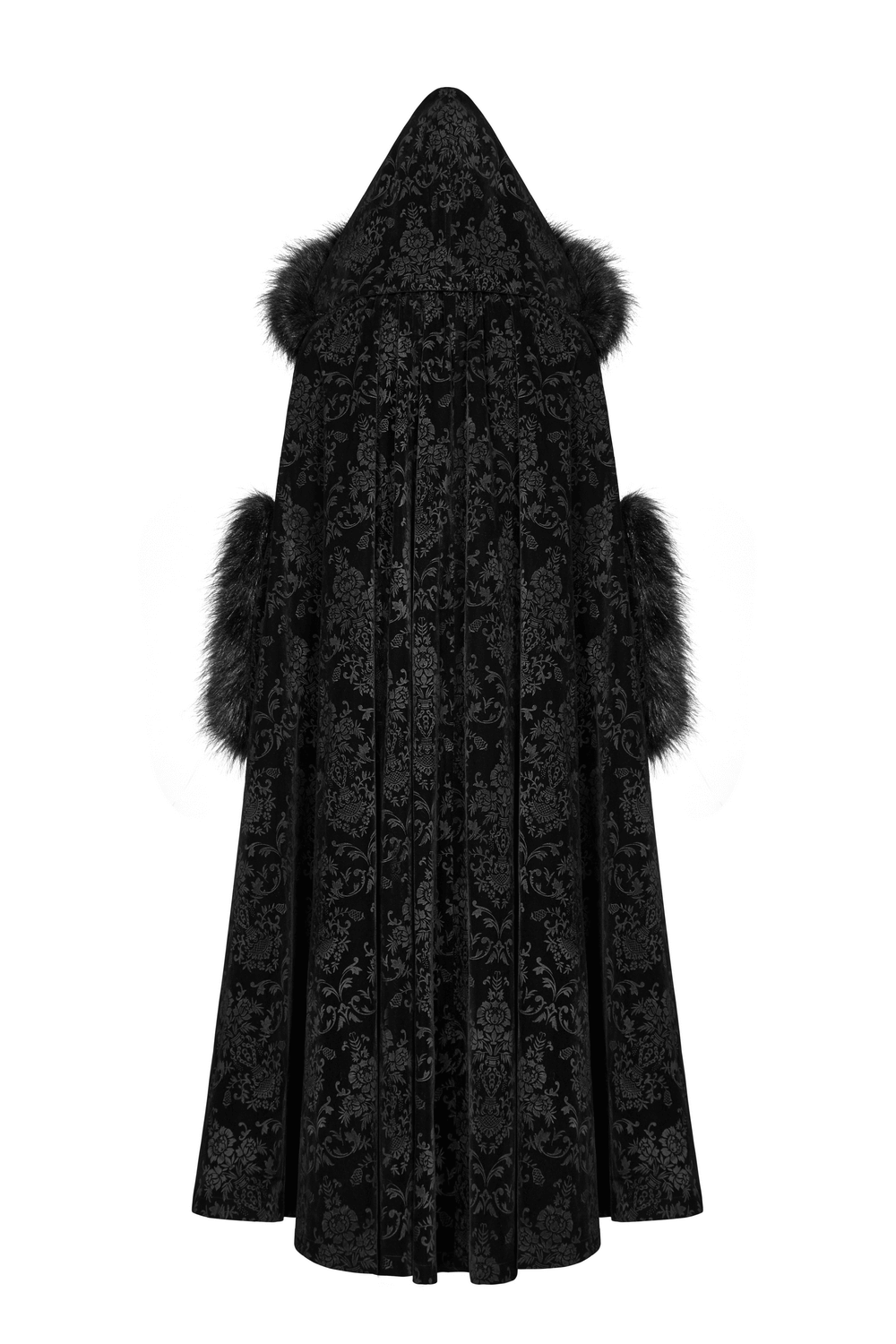 Lux Velvet Hooded Gothic Cloak for Ladies with fur accents and dramatic drape design.