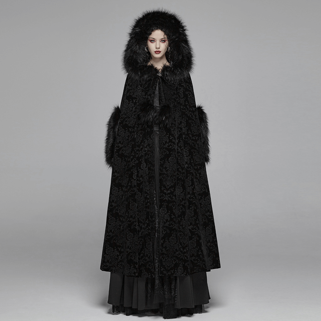 Elegant black velvet hooded cloak for ladies with fur details, embodying Gothic style and nocturnal elegance.
