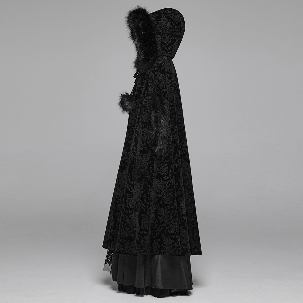 Elegant full-length black velvet hooded Gothic cloak with fur trim, showcasing dramatic drape and unique sleeve hole design.