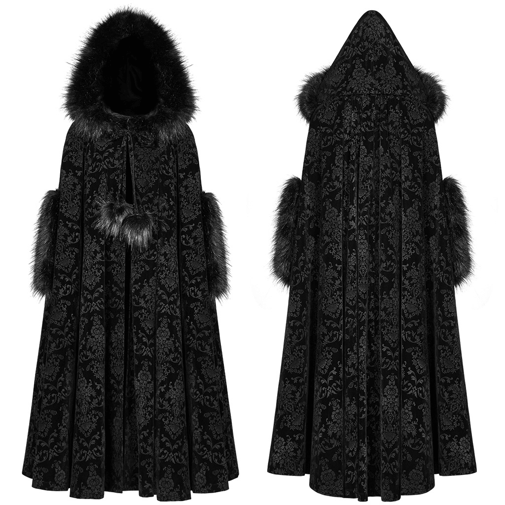 Lux velvet hooded Gothic cloak for ladies, showcasing elegant design and dramatic drape in black.