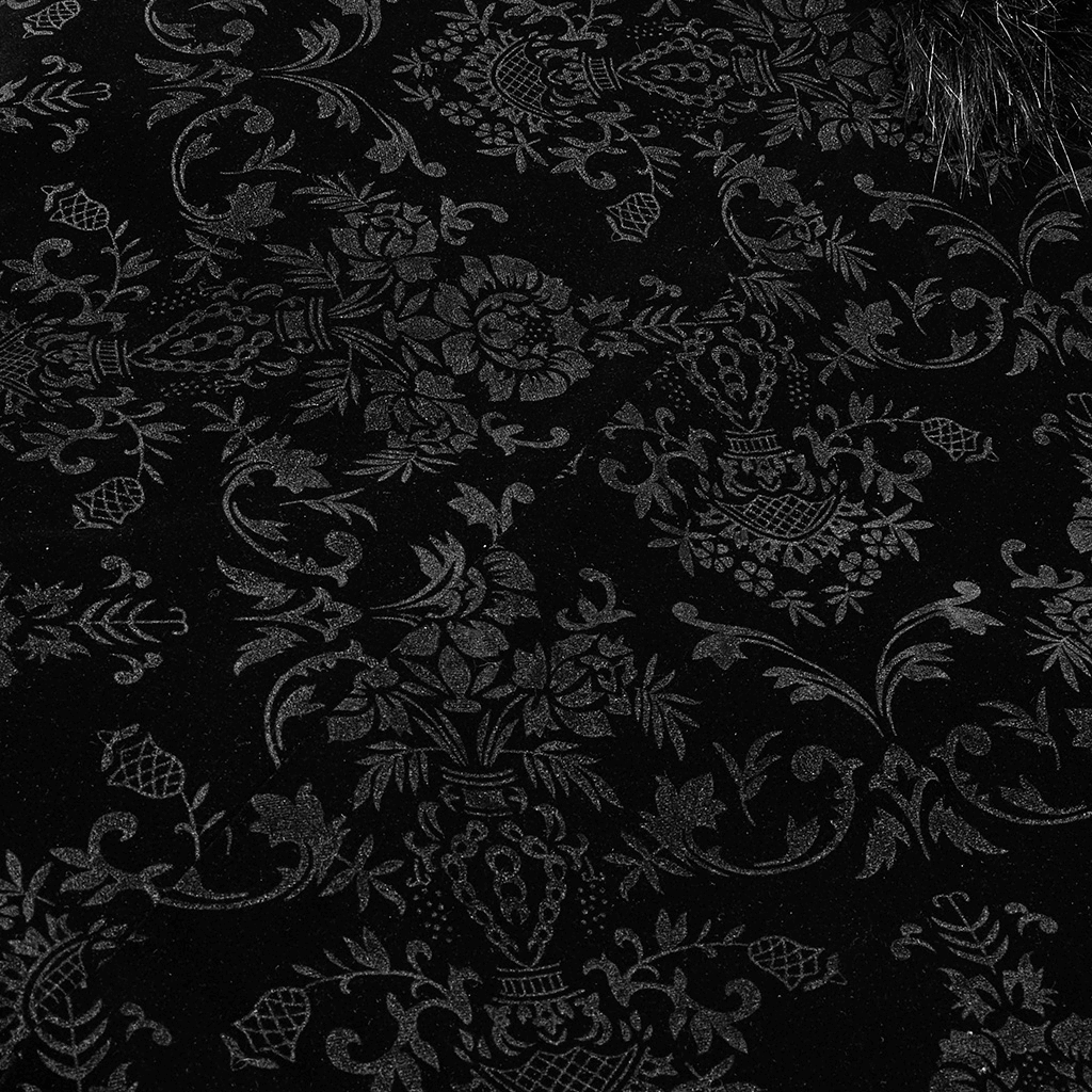 Lux velvet fabric with intricate Gothic floral pattern, ideal for elegant cloaks and dramatic fashion statements.