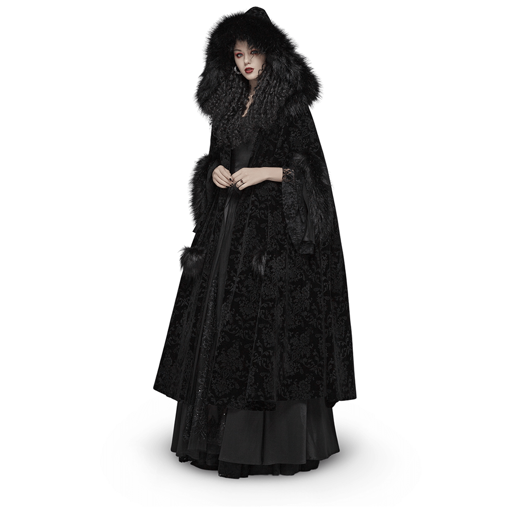 Elegant Gothic full-length velvet cloak with hood, featuring a dramatic drape and luxurious fur trim.