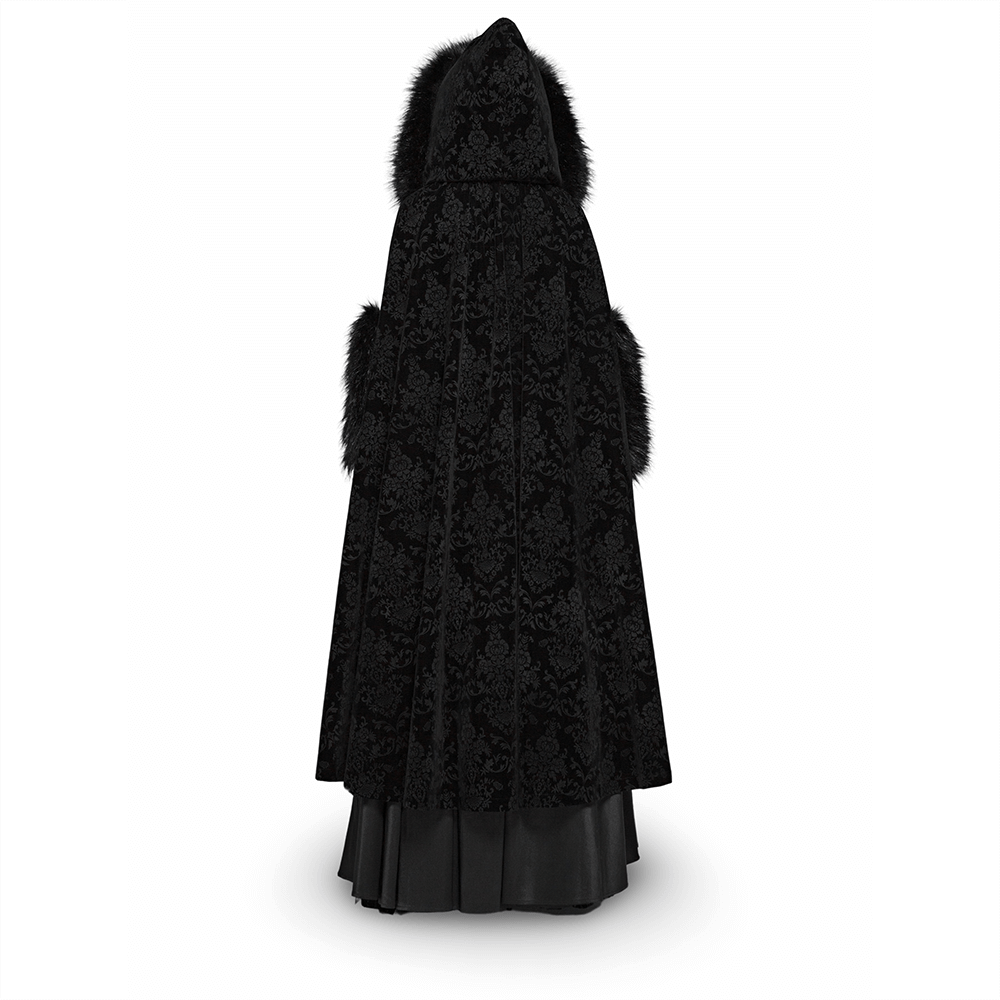 Elegant black velvet hooded Gothic cloak with fuzzy ball design, perfect for a mysterious and sophisticated look.