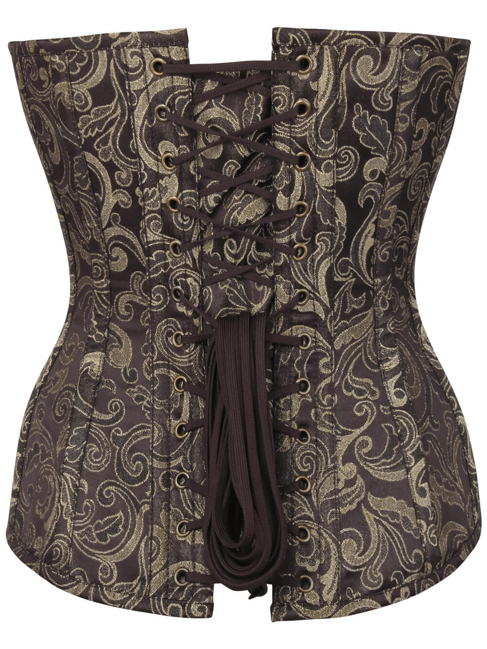 Luxurious gothic brocade overbust corset with intricate gold pattern and lace-up back for a structured fit.