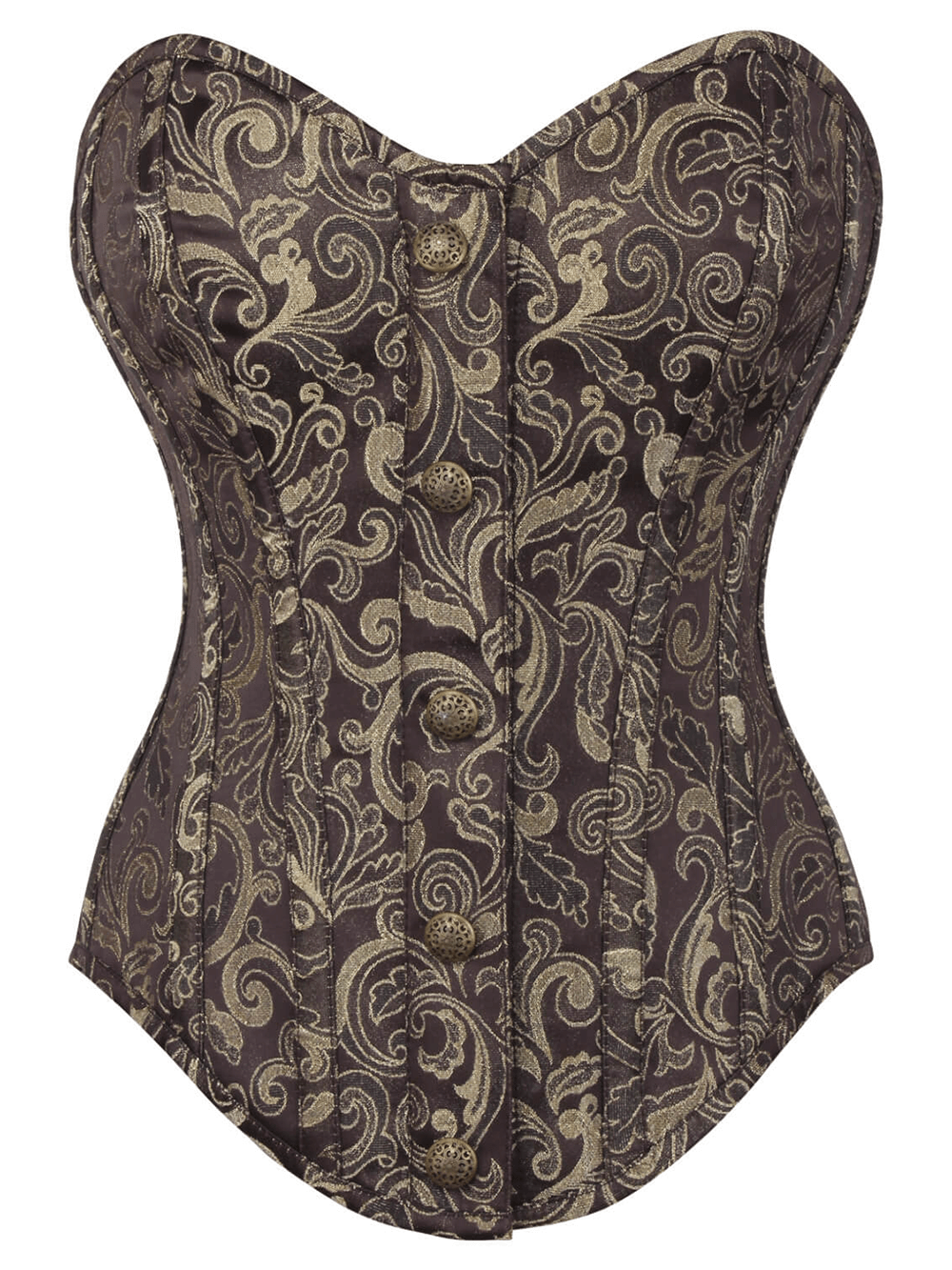 Luxurious Gothic brocade overbust corset with vintage gold pattern and front zipper in elegant design.