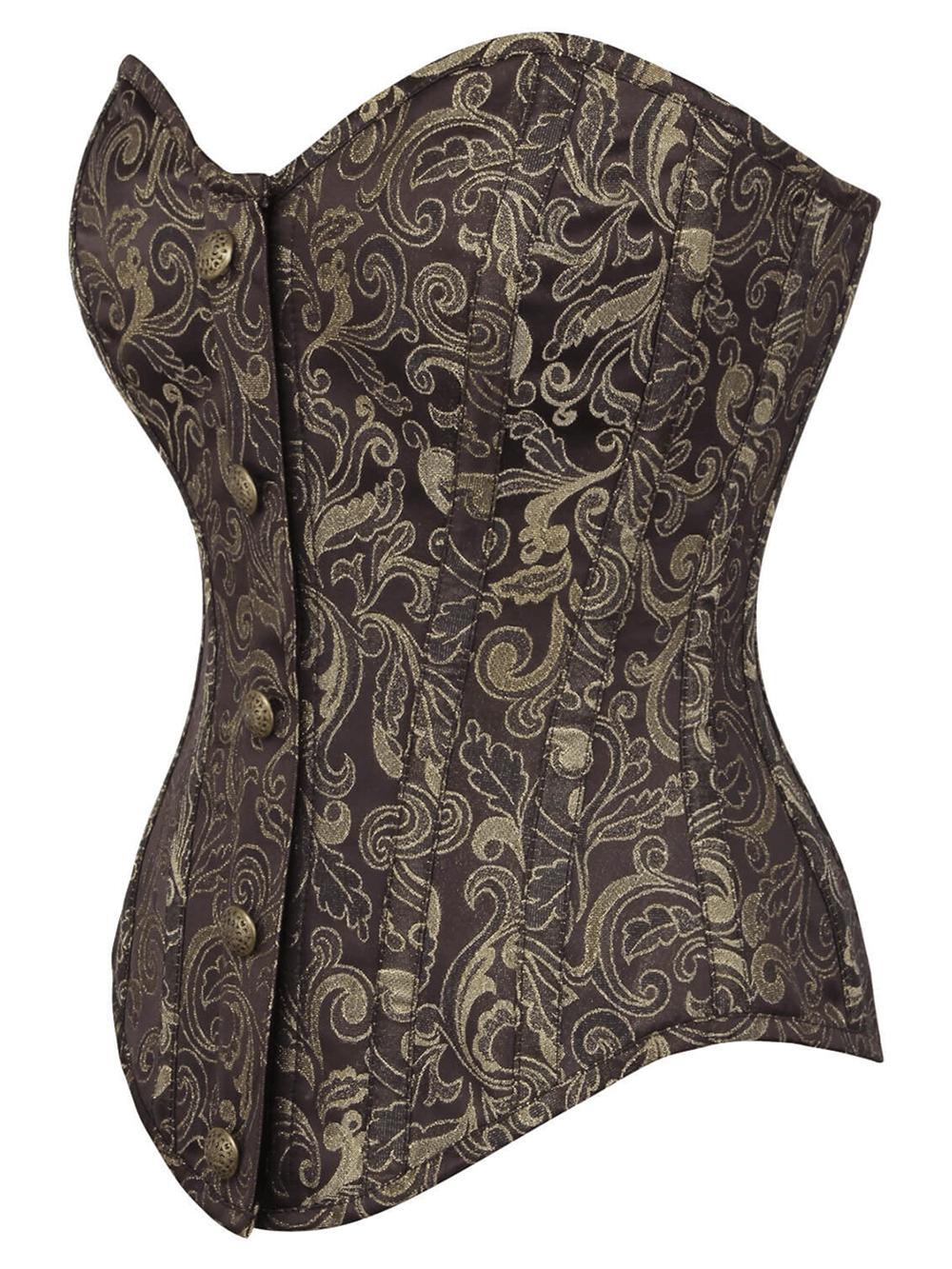 Luxurious brocade overbust corset with lace-up back, featuring intricate gold patterns and structured silhouette.