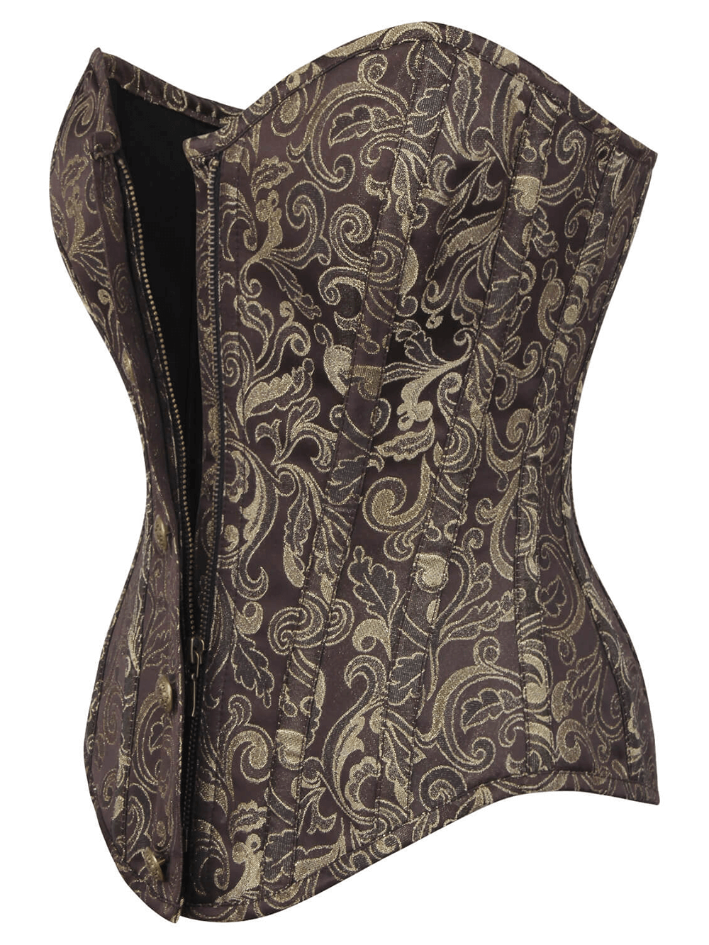 Elegant brocade overbust corset with gold pattern, front zipper, and lace-up back for adjustable fit.