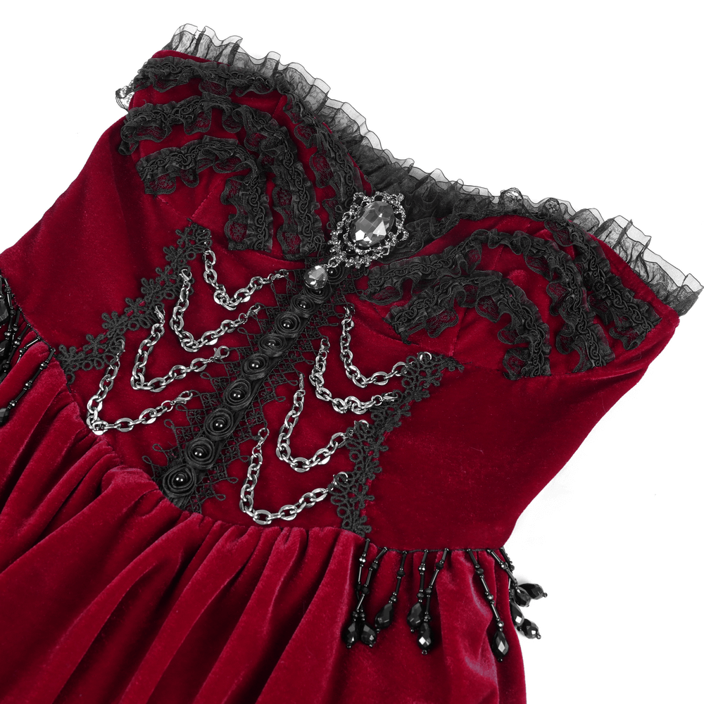 Burgundy velvet Gothic Lolita dress with black lace and chains, showcasing Victorian elegance and gothic charm.