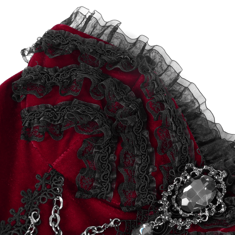 Luxurious burgundy velvet Lolita dress with black lace trim and ornate chain details, perfect for a gothic Victorian style.