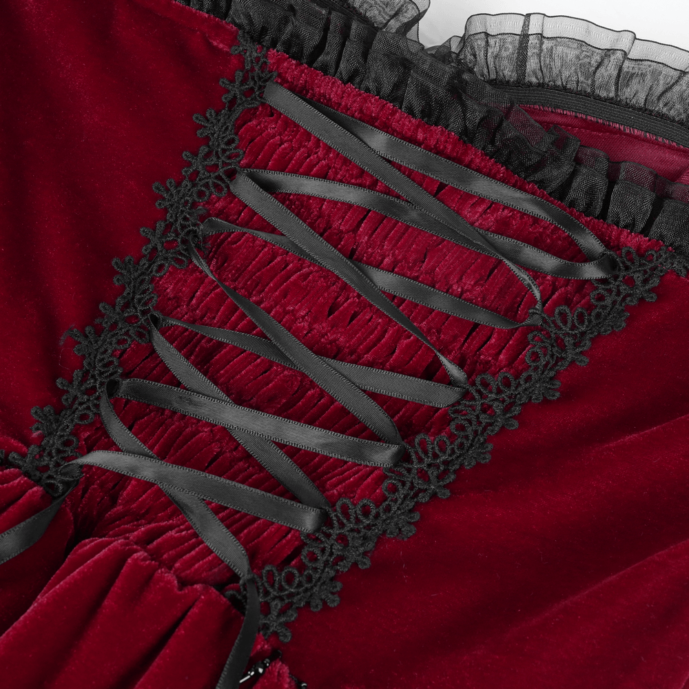 Burgundy velvet Gothic Lolita dress with black lace and ribbon details