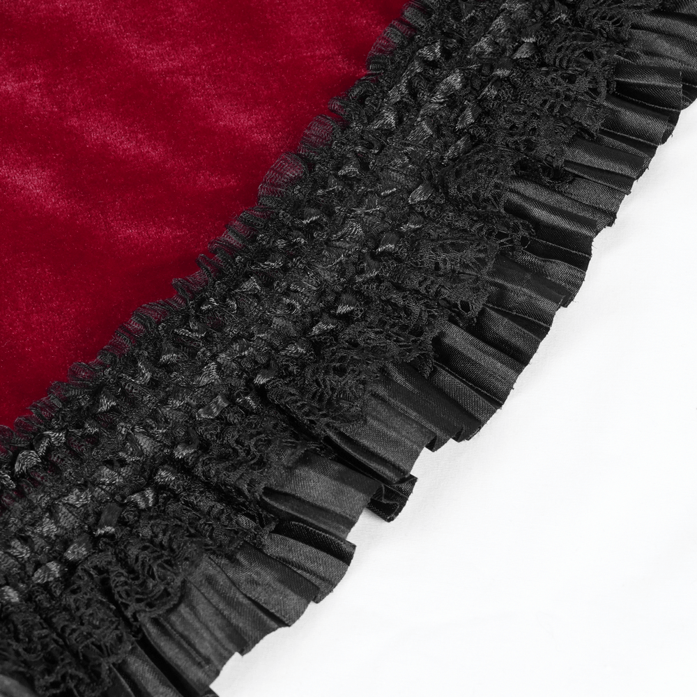 Close-up of burgundy velvet fabric with intricate black lace trim from Gothic Lolita dress, showcasing luxurious Victorian style.