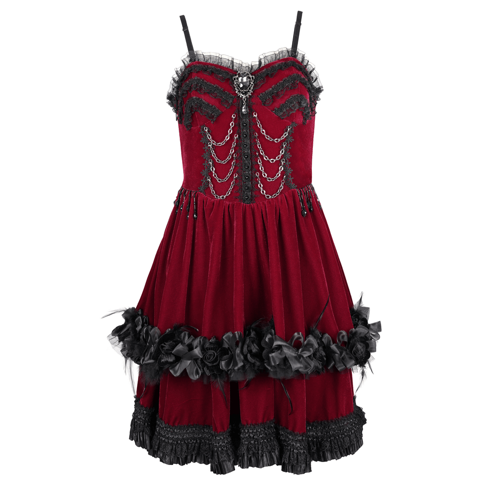 Luxurious burgundy velvet Gothic Lolita dress with black lace and chain details, showcasing gothic Victorian charm.