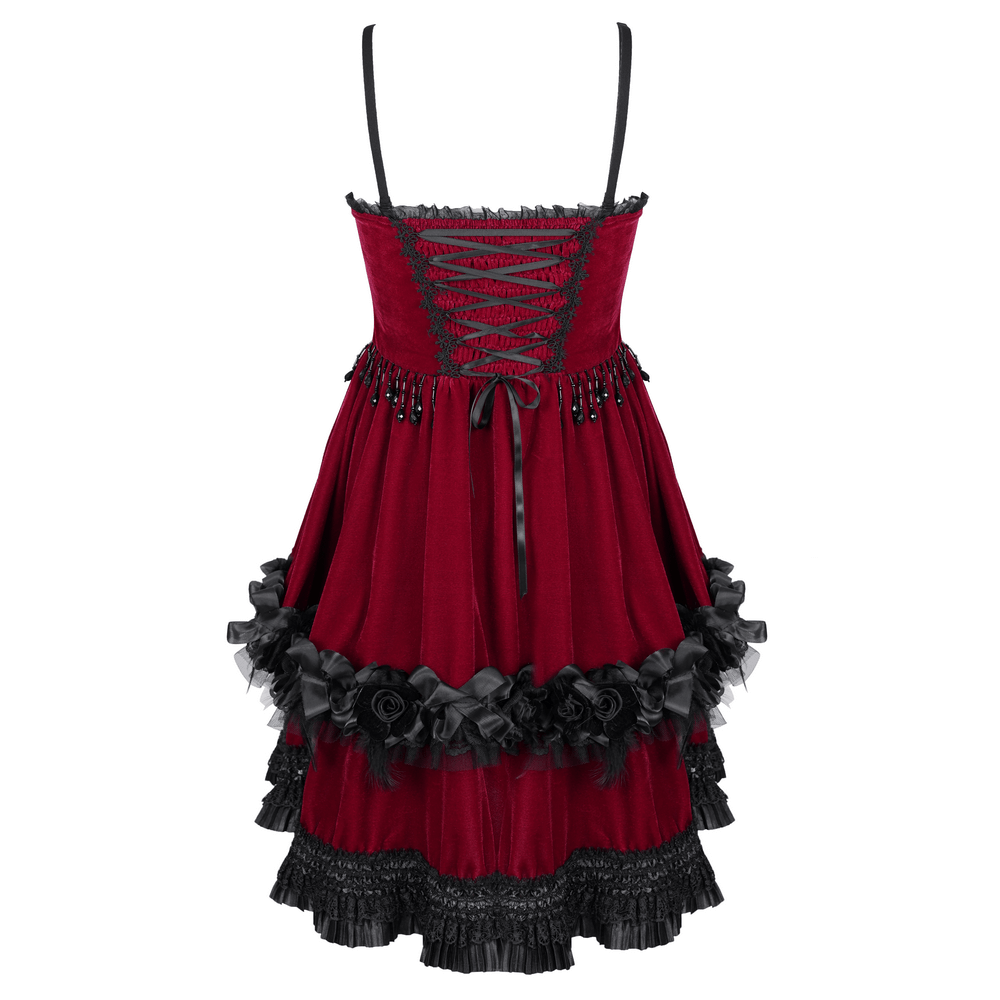 Luxurious burgundy velvet Gothic Lolita dress with black lace and chains, featuring floral accents and elegant straps.