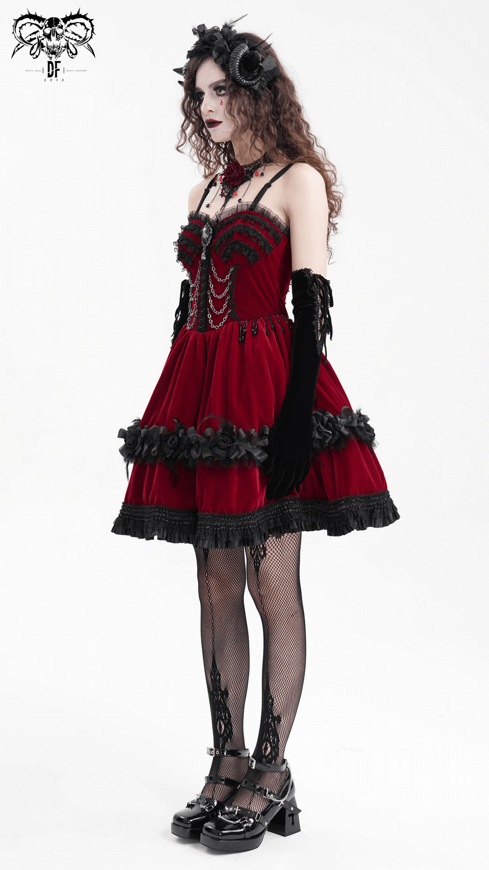 Luxurious Burgundy Velvet Gothic Lolita Dress with lace and chain details, perfect for Victorian gothic fashion lovers.