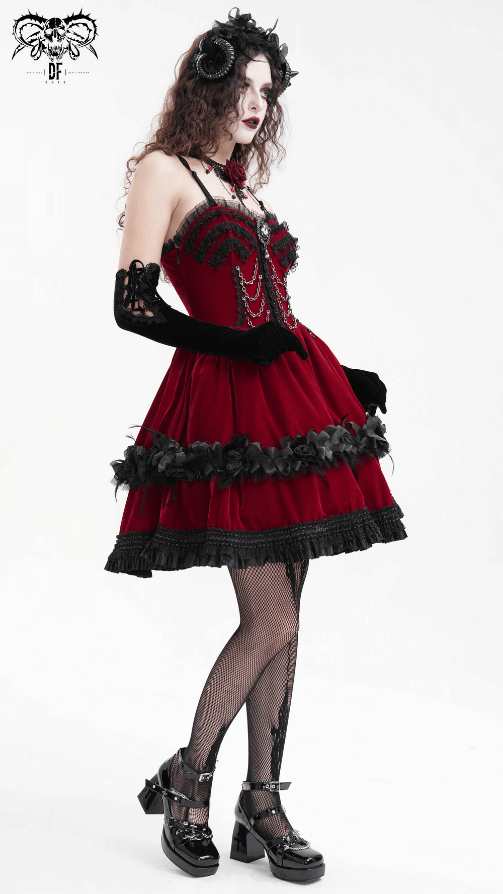 Luxurious burgundy velvet Gothic Lolita dress with black lace trim and straps, showcasing Victorian gothic charm.