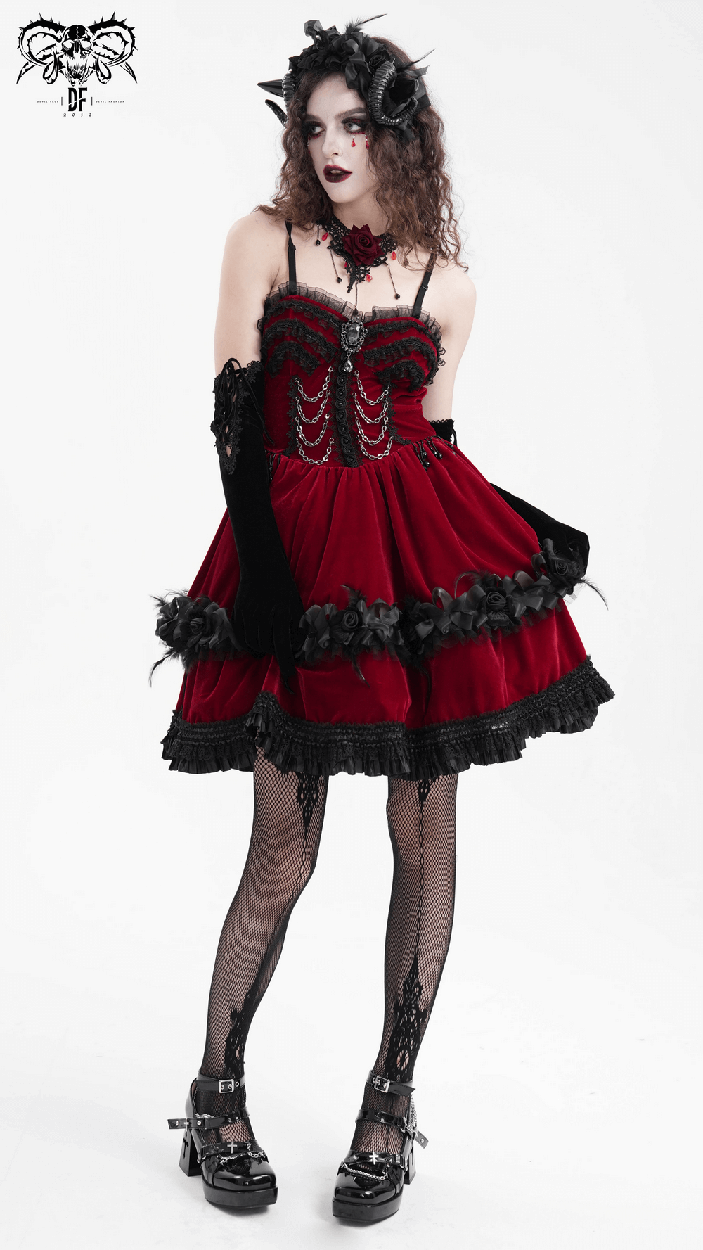 Luxurious Burgundy Velvet Gothic Lolita Dress with black lace trim and chain details, perfect for Victorian and gothic fashion lovers.