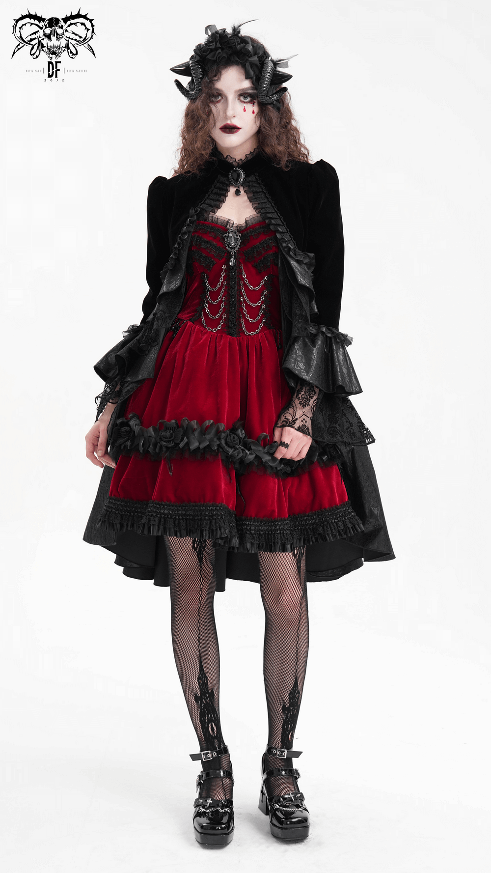 Luxurious burgundy velvet Gothic Lolita dress with black lace, chain accents, and floral details, exuding Victorian charm and gothic allure.