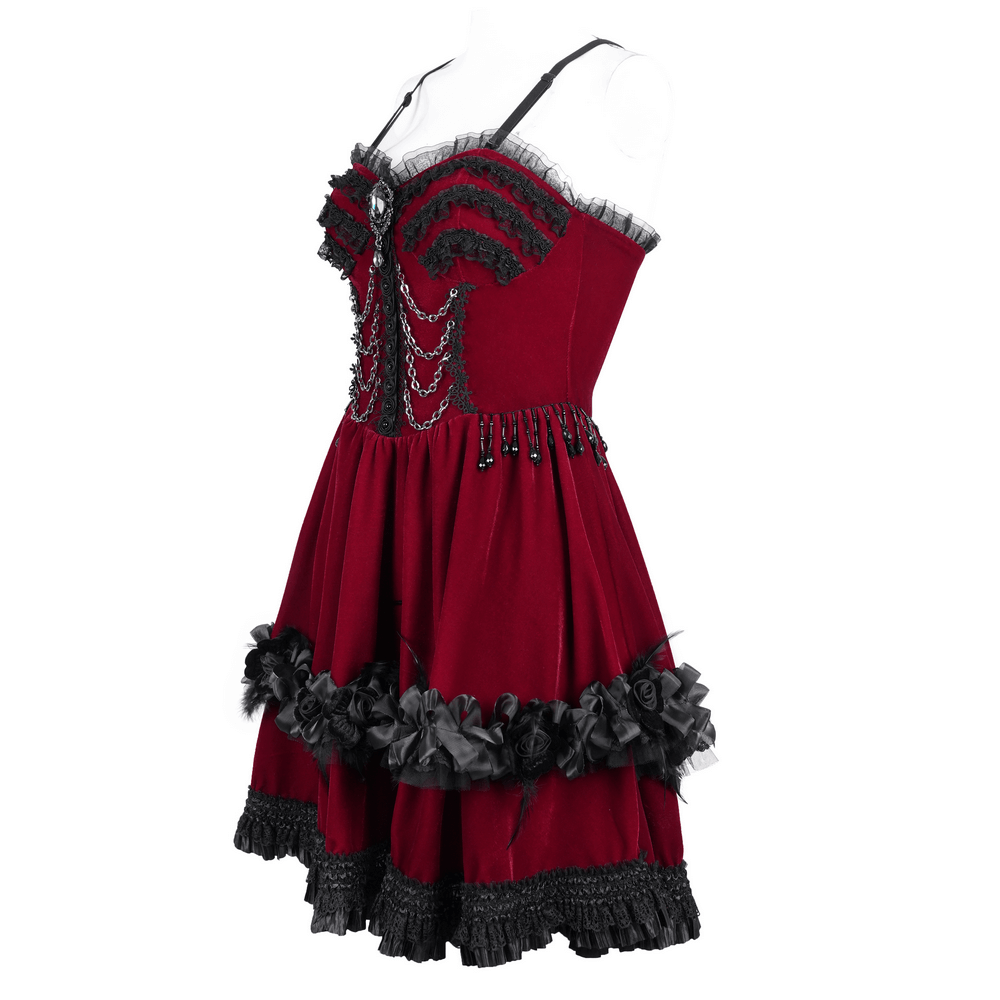 Luxurious burgundy velvet gothic Lolita dress with black lace trim, elegant chain details, and floral accents showcasing Victorian charm.