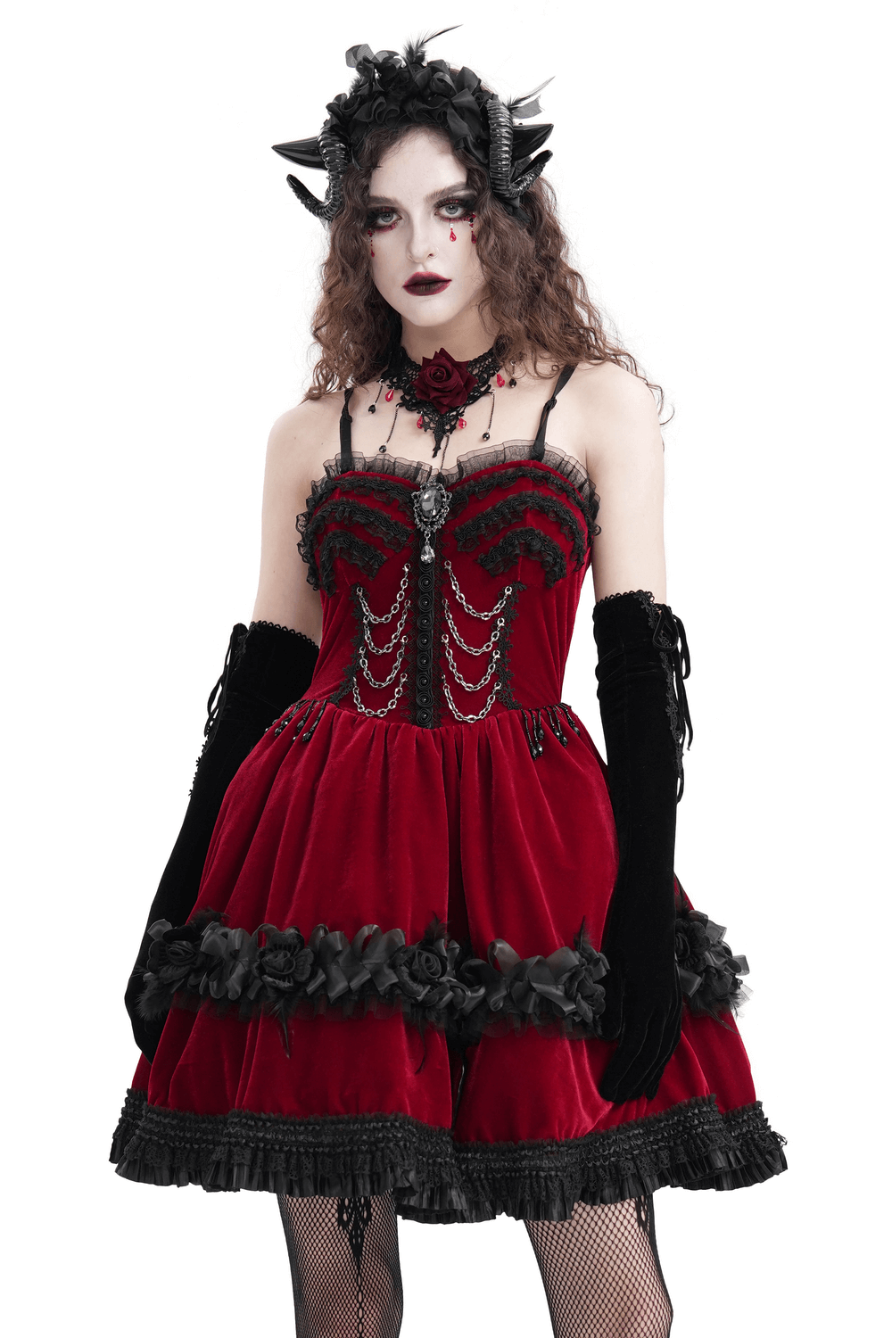 Luxurious burgundy velvet Gothic Lolita dress with black lace trim and chains, worn by a model with dark accessories.