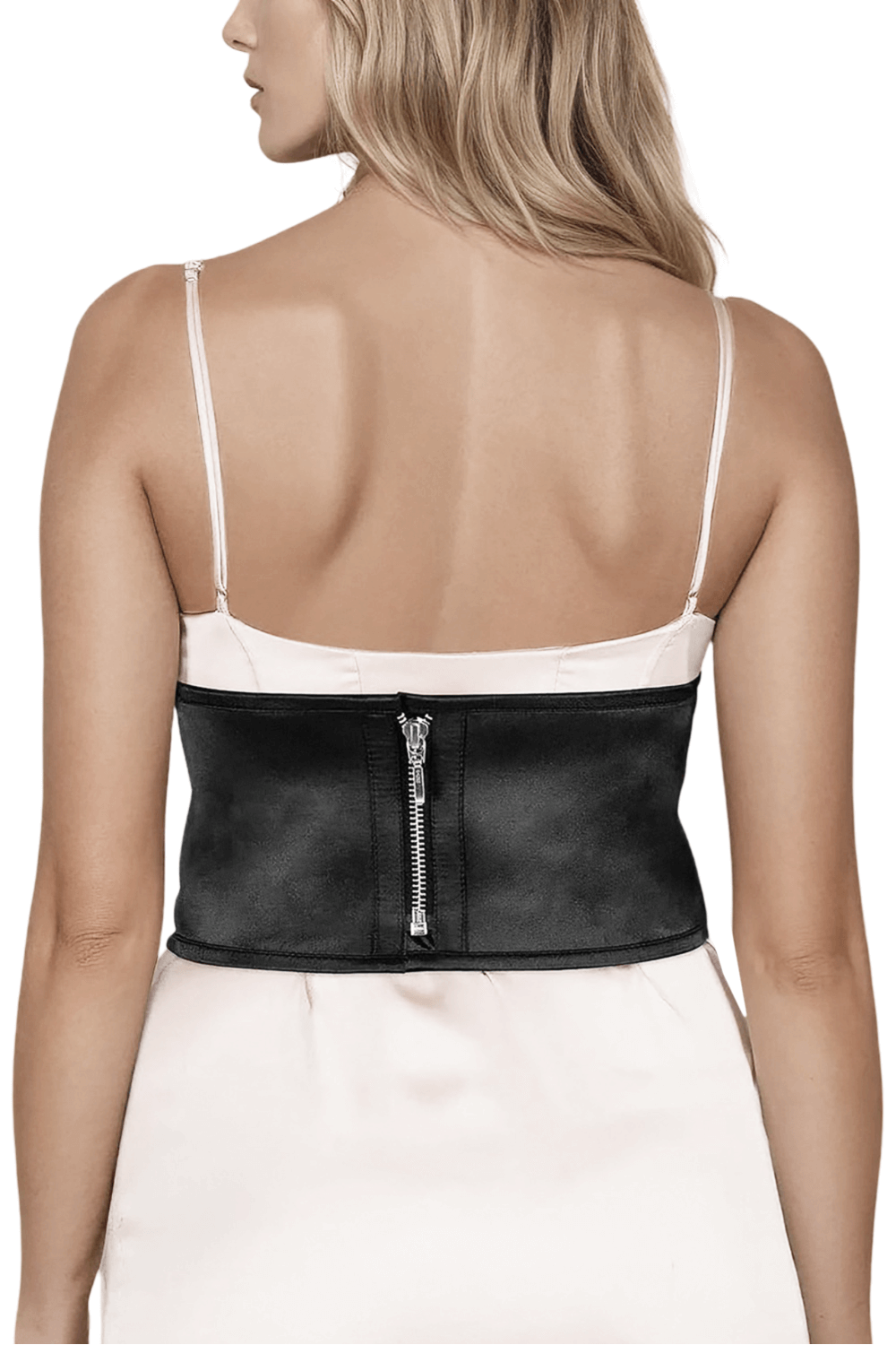 Back view of a woman wearing a luxurious satin corset-inspired fashion belt with a zipper.