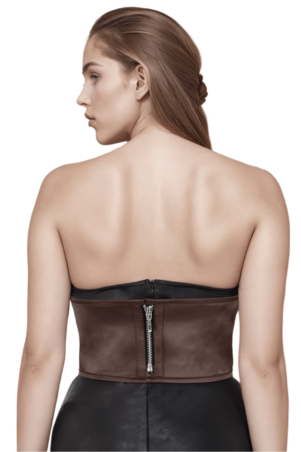 Back view of a model showcasing a luxurious satin corset belt with a sleek zipper and elegant design.