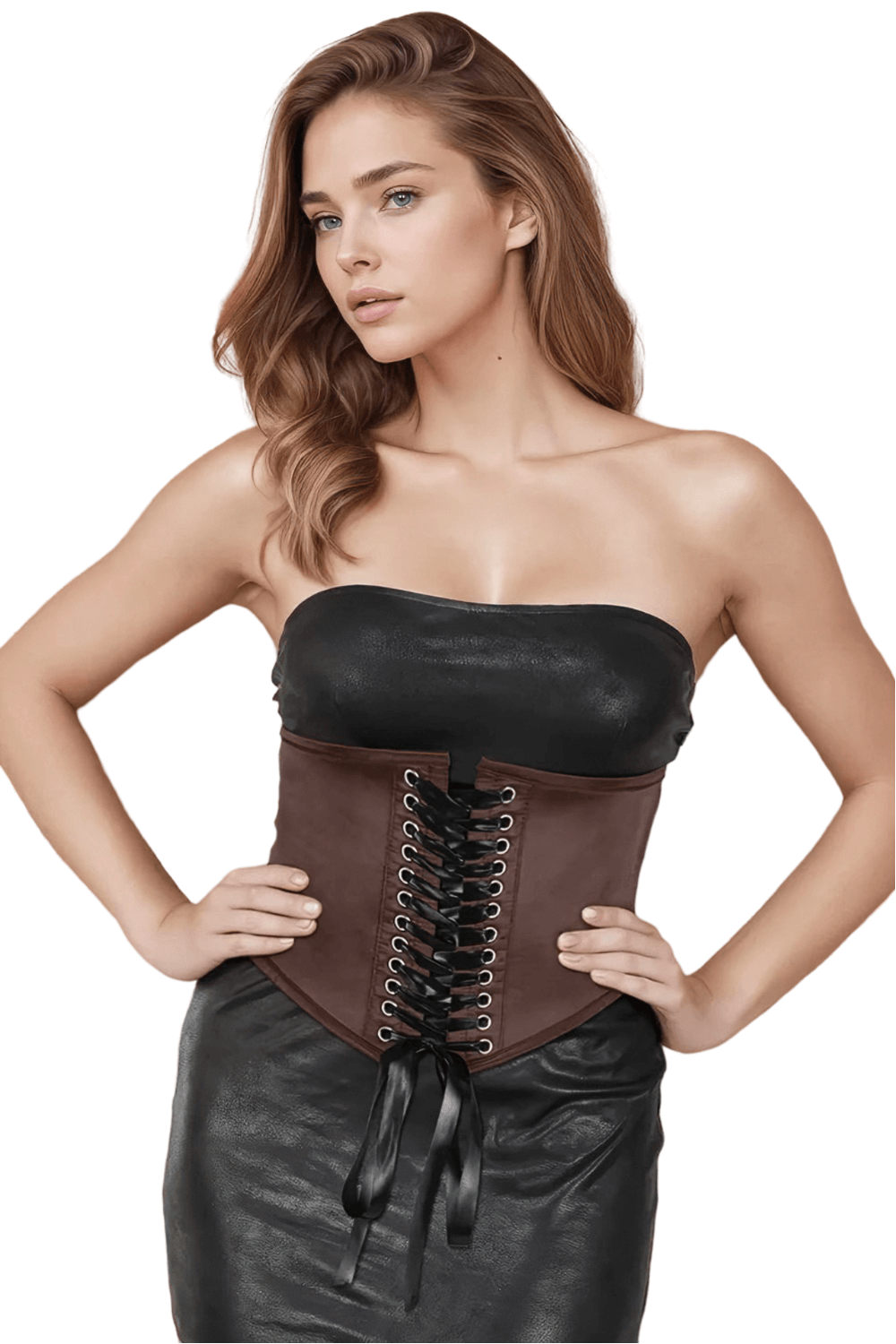 Stunning woman showcasing a luxurious brown satin corset-inspired fashion belt with lacing details.