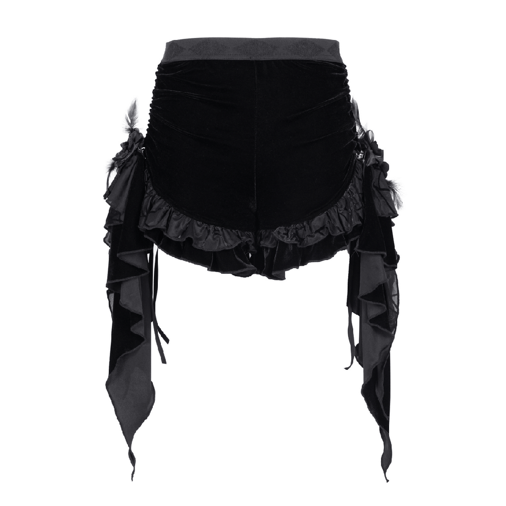 Luxurious gothic black velvet shorts with cascading ruffles and feather details, perfect for a dramatic look.