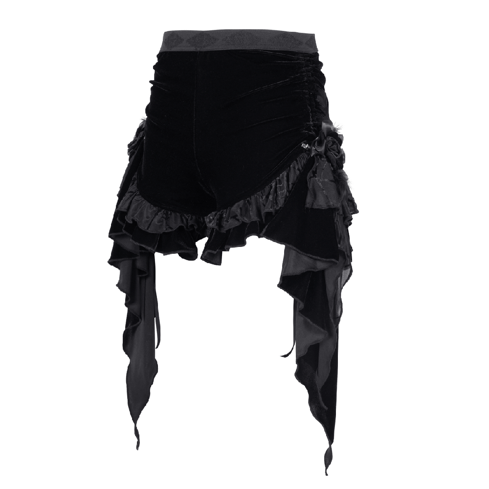 Luxurious black velvet shorts with ruffles and feather details, featuring a ruched waistband and asymmetrical design.