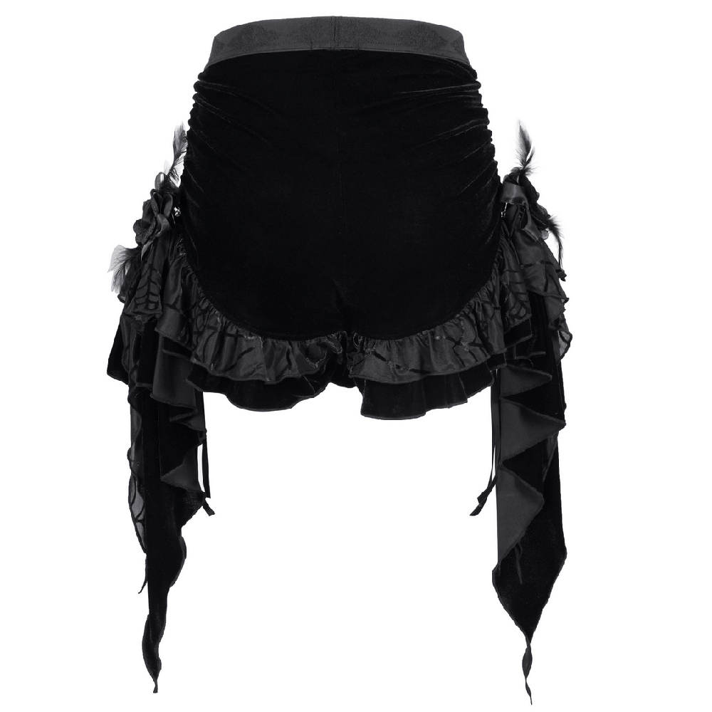 Luxurious black velvet female shorts with cascading ruffles and feather details, showcasing an elegant back view.